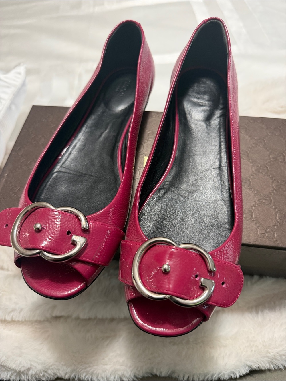 Gucci Hot Pink Peep-Toe Flats with Silver Interlocking G Buckle